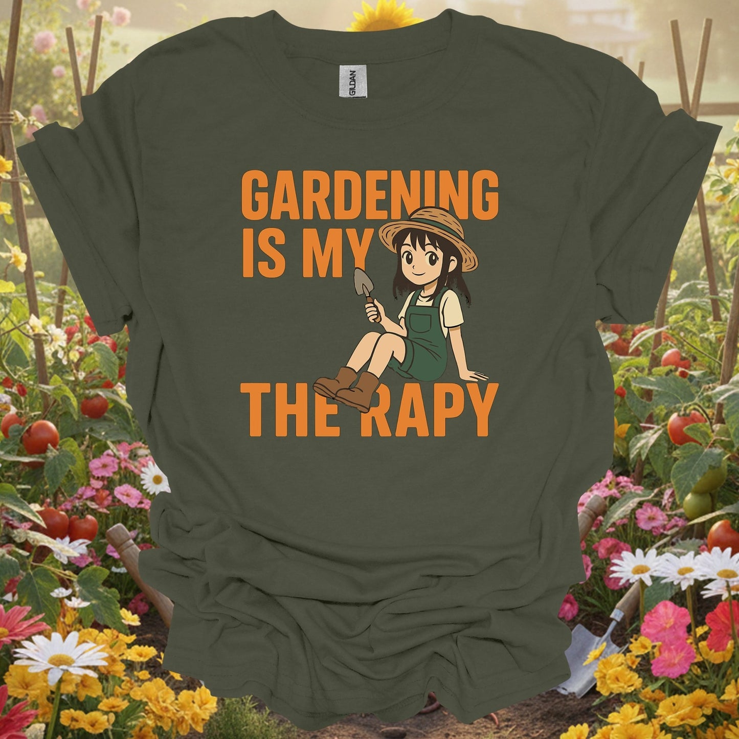 Military Green top showing gardening is my therapy anime for nature lovers
