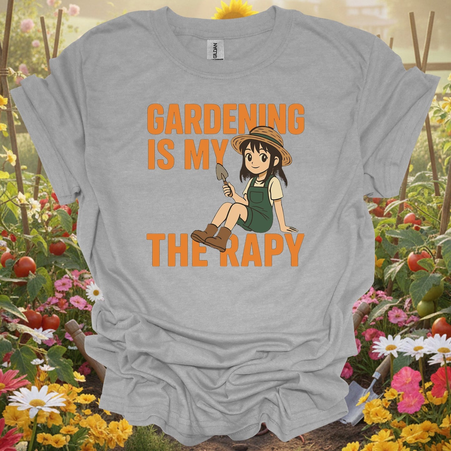 Sport Grey tee showing gardening is my therapy anime for garden hobbyists
