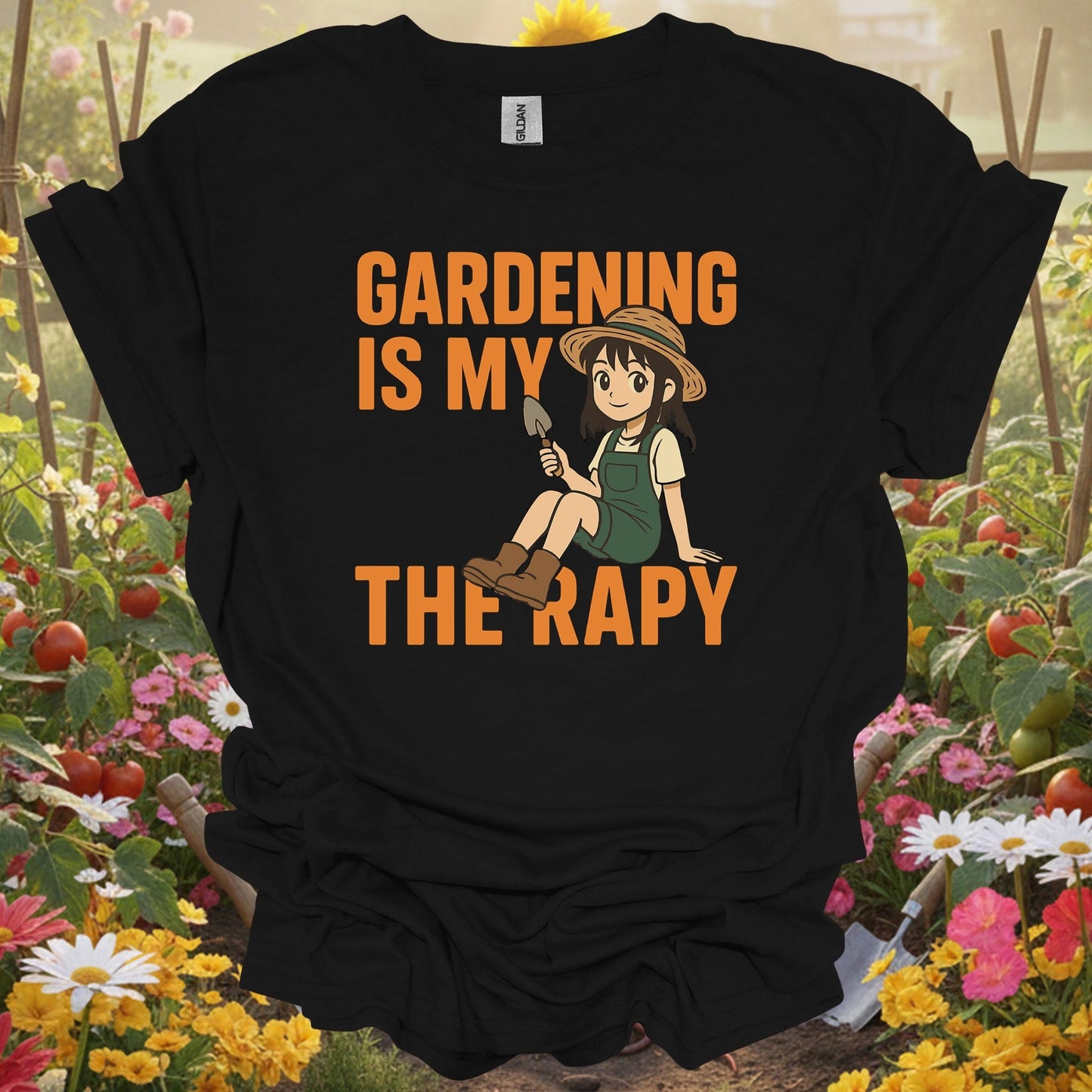 Black shirt showing gardening is my therapy anime for outdoor enthusiasts