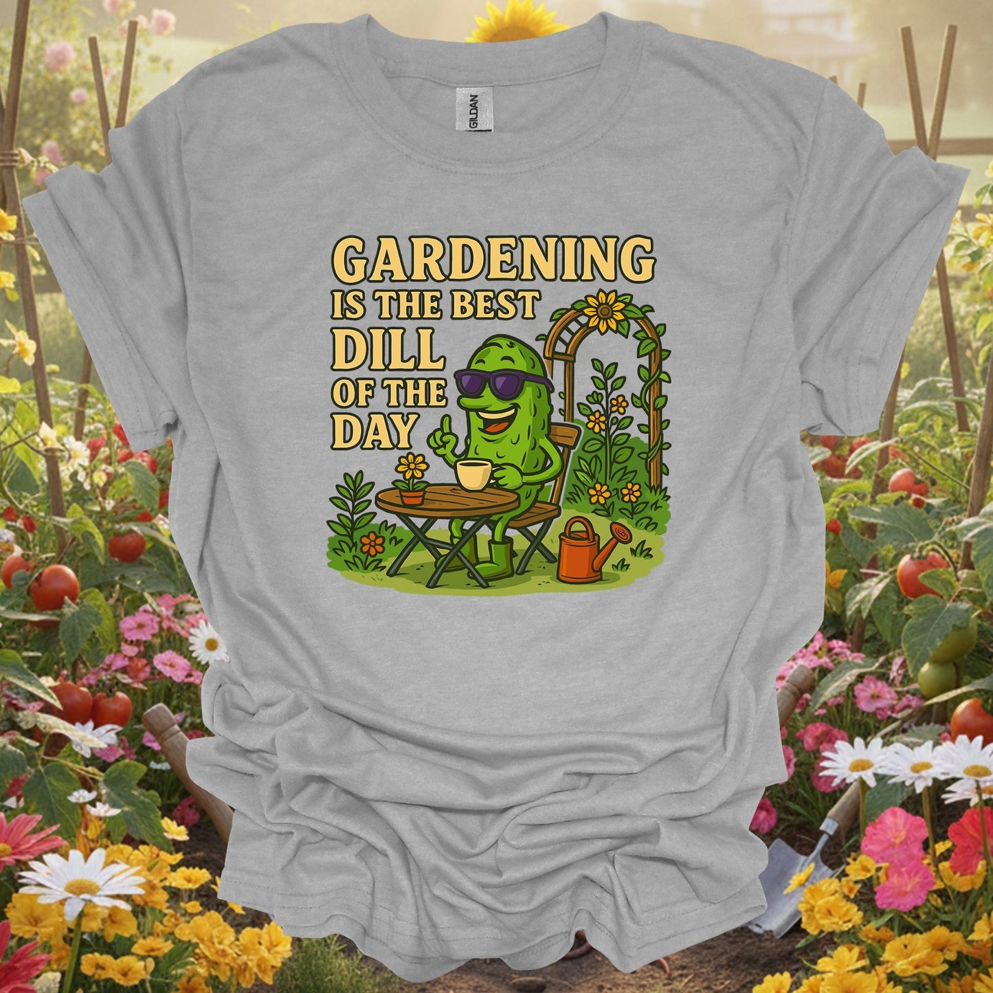 Sport Grey tshirt showing gardening is the best dill of the day funny for backyard growers