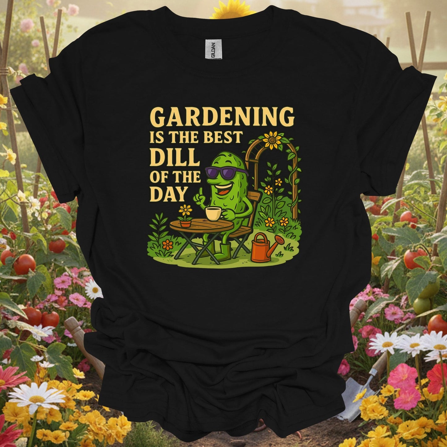 Black shirt showing gardening is the best dill of the day funny for outdoor enthusiasts