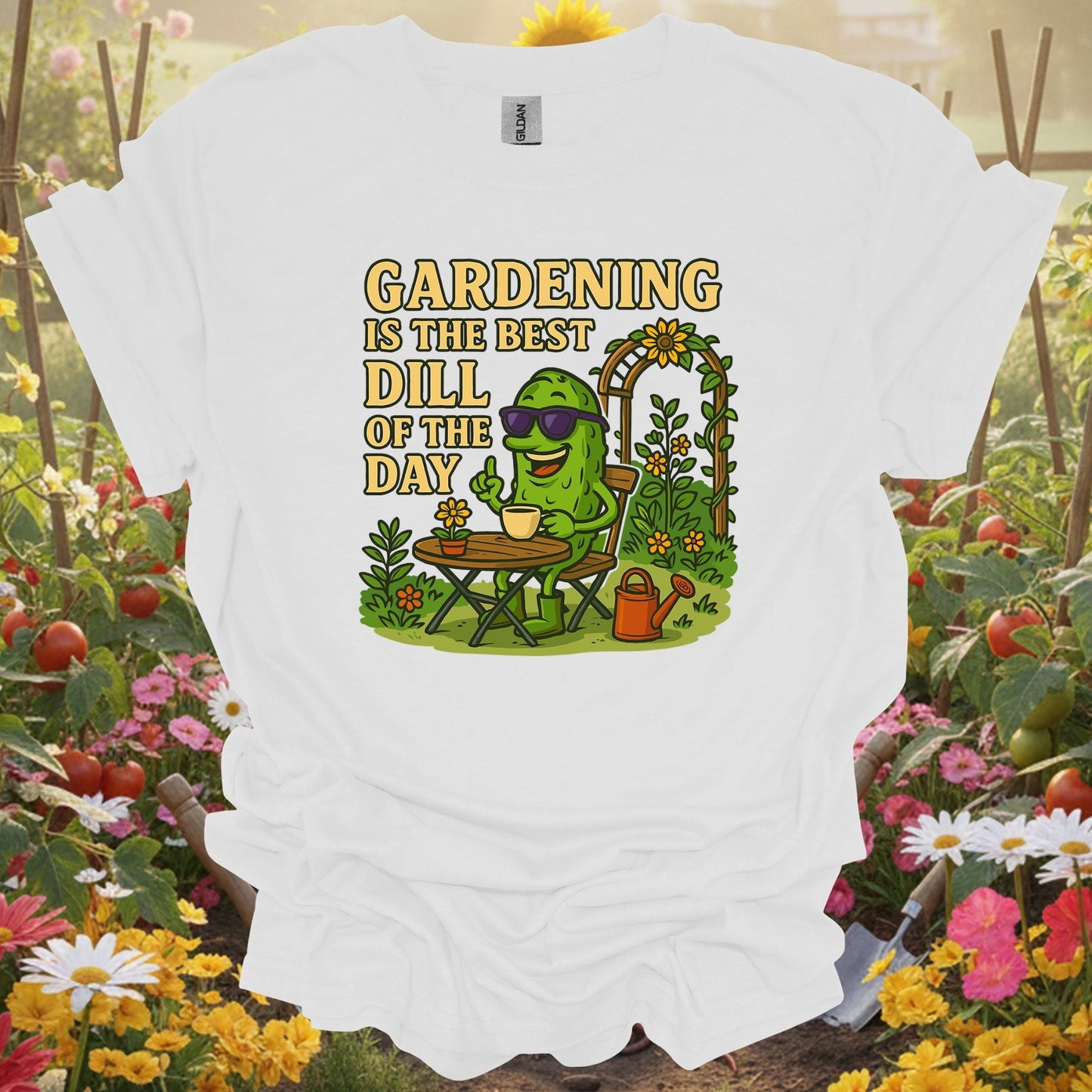 White tee showing gardening is the best dill of the day funny for garden hobbyists