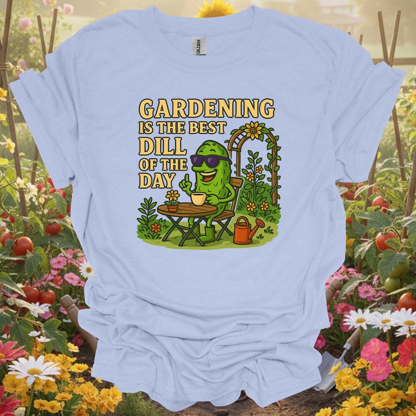 Light Blue shirt showing gardening is the best dill of the day funny for home gardeners