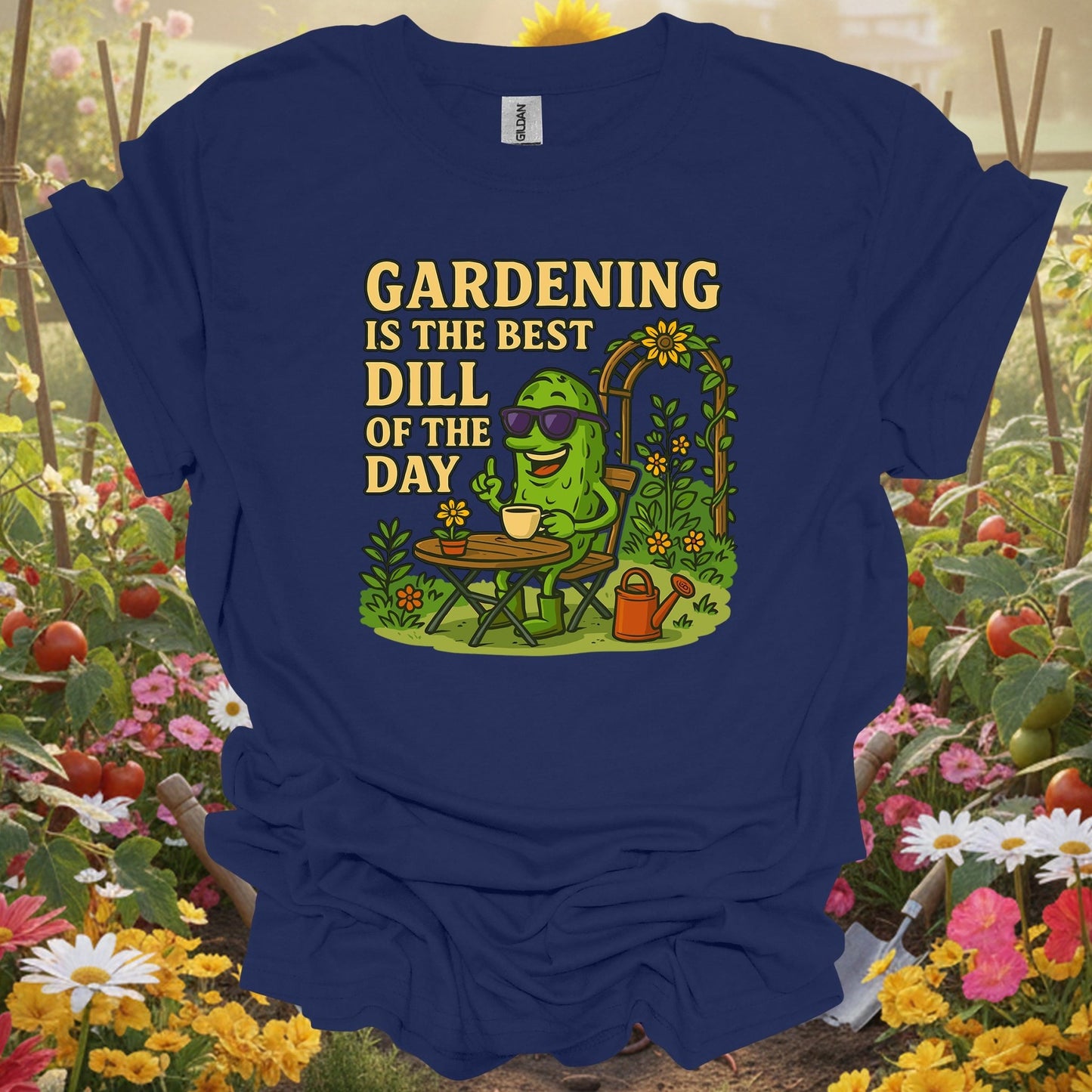 Navy tshirt showing gardening is the best dill of the day funny for gardening enthusiasts