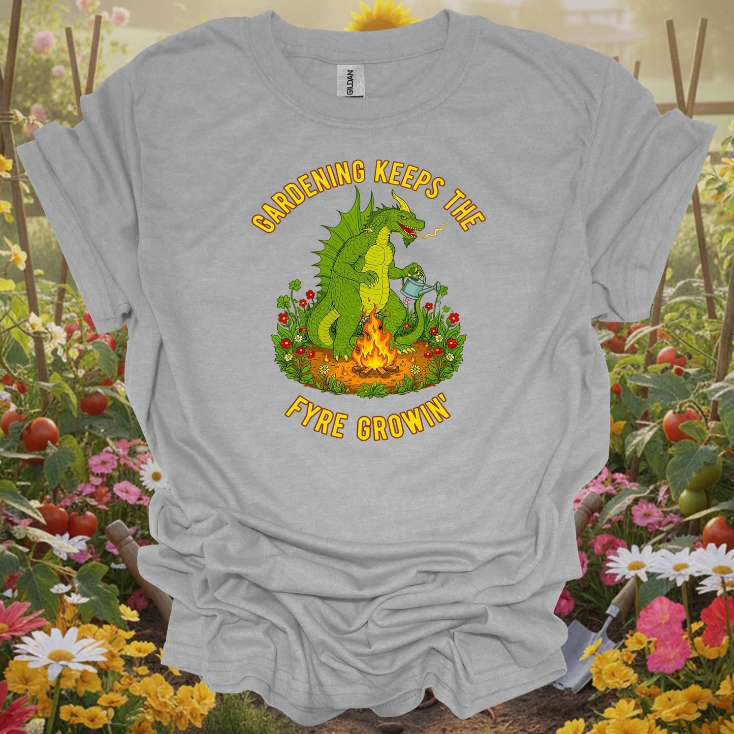 Sport gray tshirt showing a legendary dragon guarding a vibrant garden, symbolizing the strength and protection required for a thriving landscape for food security advocates ensuring local resilience
