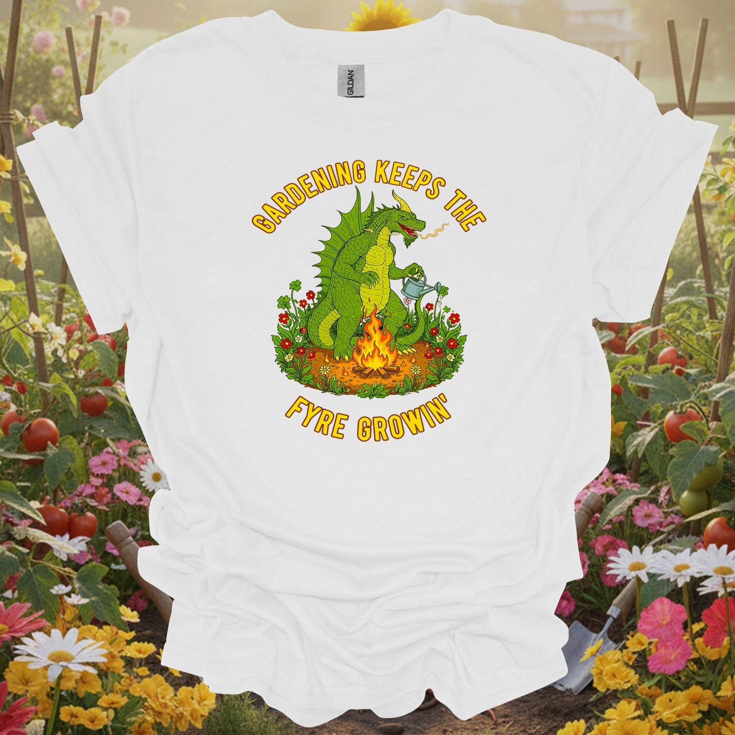 White tshirt showing a legendary dragon guarding a vibrant garden, symbolizing the strength and protection required for a thriving landscape for food security advocates ensuring local resilience
