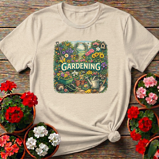 Natural richly layered floral garden scene gardening shirt with hedgehog and watering can for plant lovers