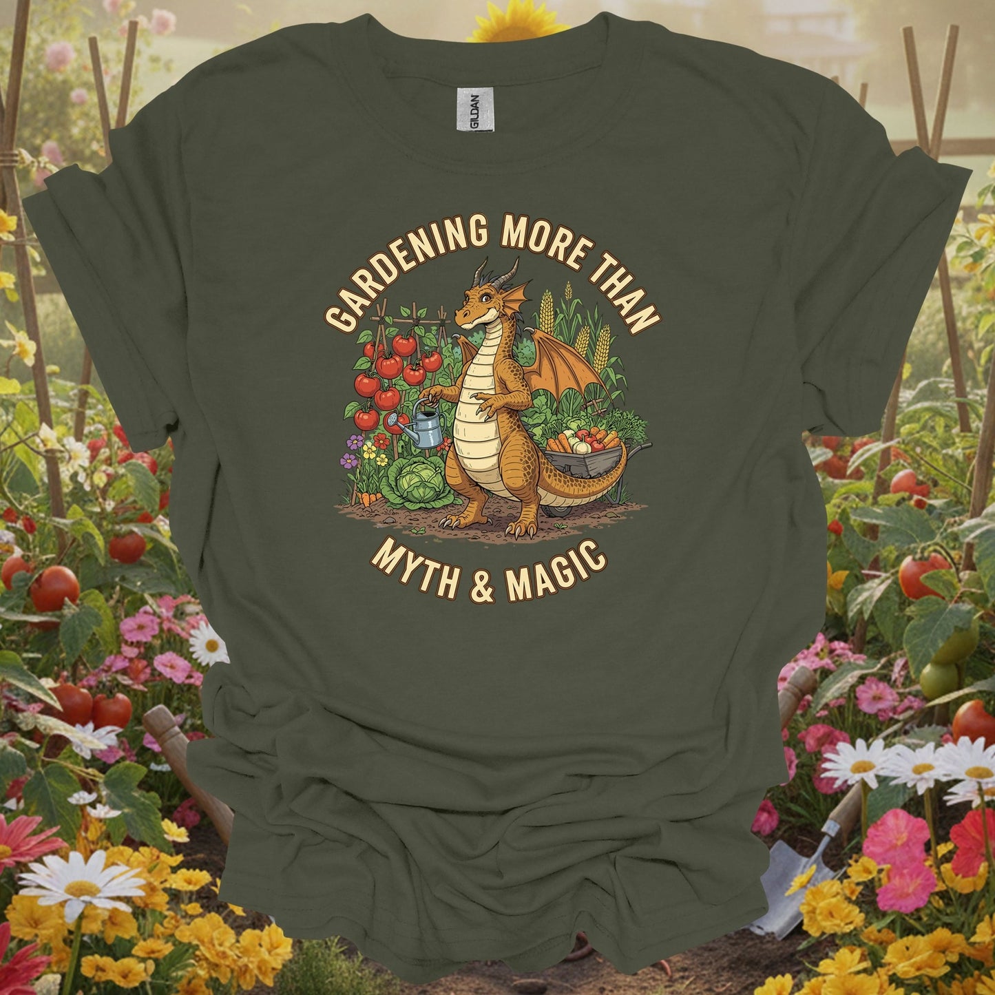 Military Green top showing gardening more than myth magic dragon for nature lovers