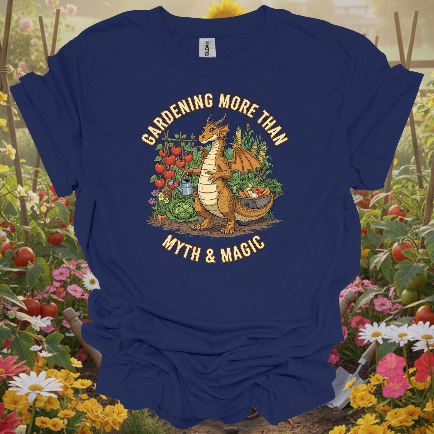 Navy top showing gardening more than myth magic dragon for green thumb folks