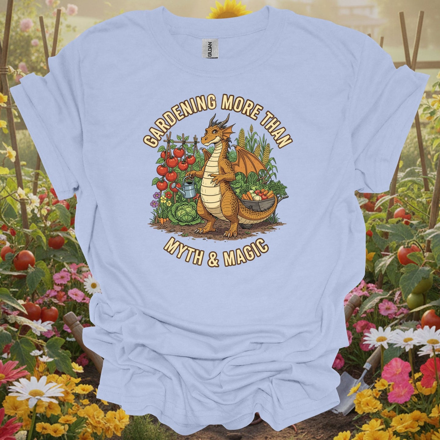 Light Blue shirt showing gardening more than myth magic dragon for home gardeners