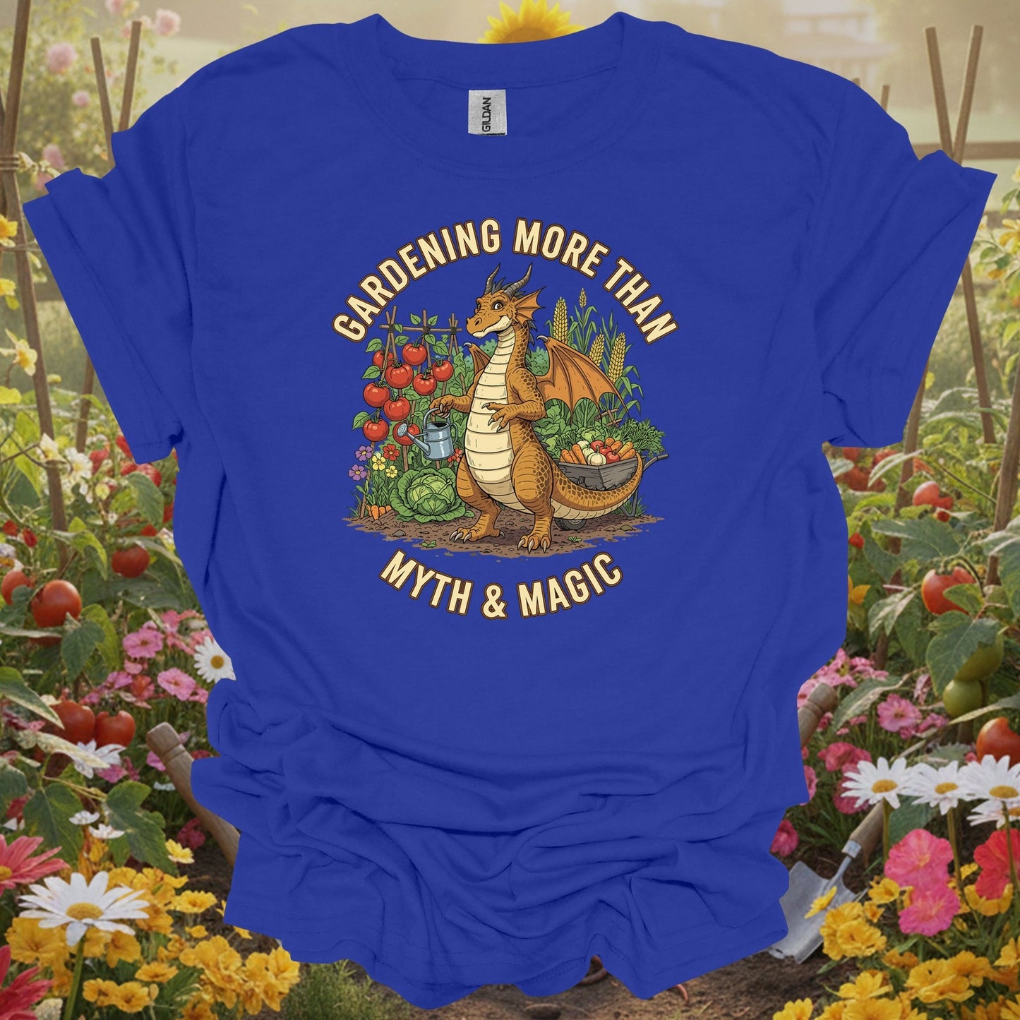 Royal tshirt showing gardening more than myth magic dragon for backyard growers