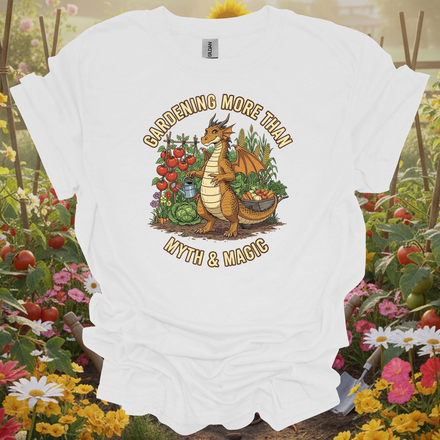 White shirt showing gardening more than myth magic dragon for outdoor enthusiasts