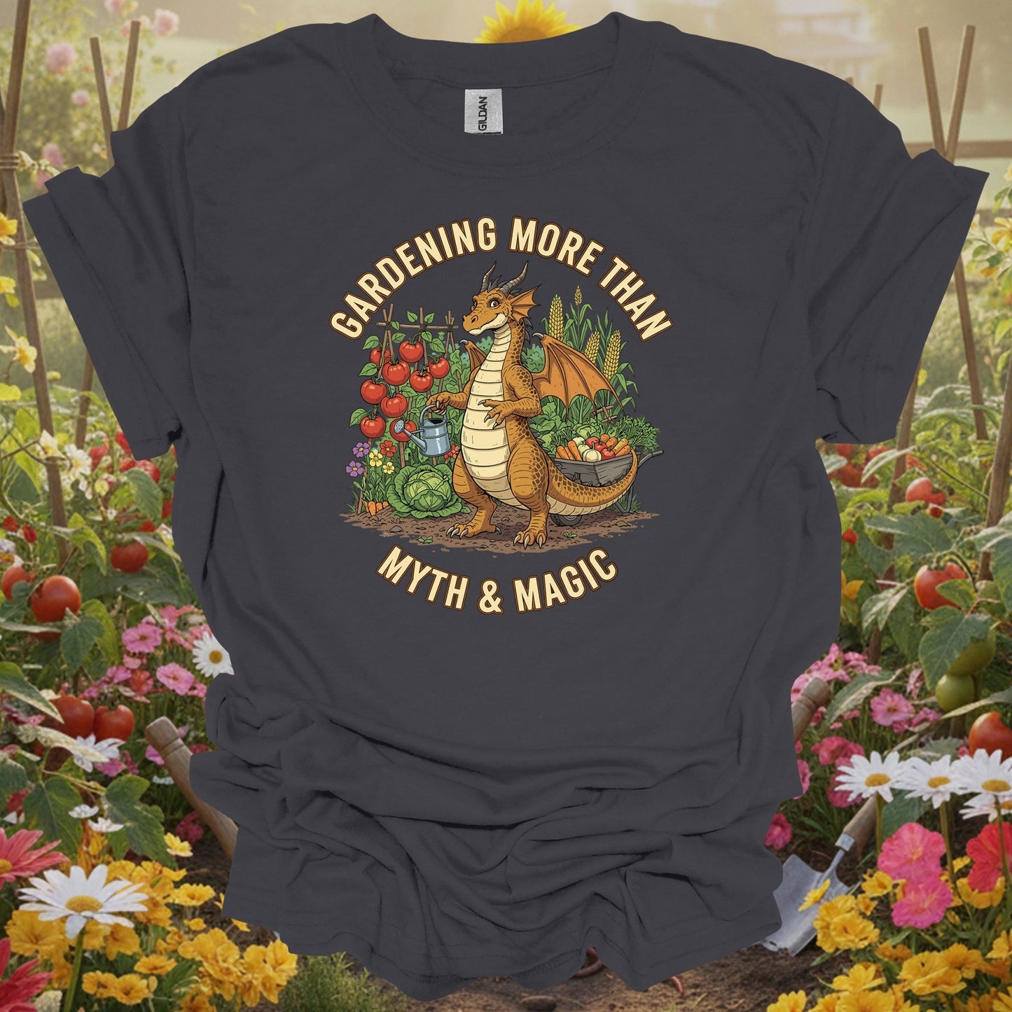 Charcoal tee showing gardening more than myth magic dragon for plant lovers