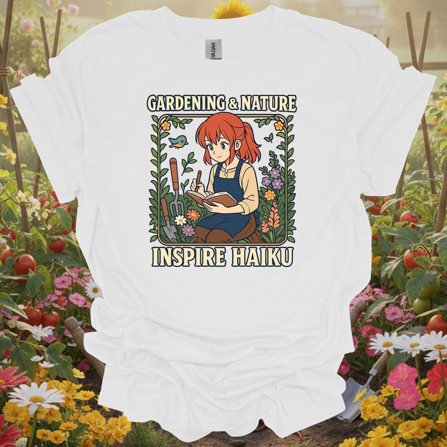 White shirt featuring a nostalgic anime garden design on a classic T-shirt for anyone who finds peace in their sanctuary.