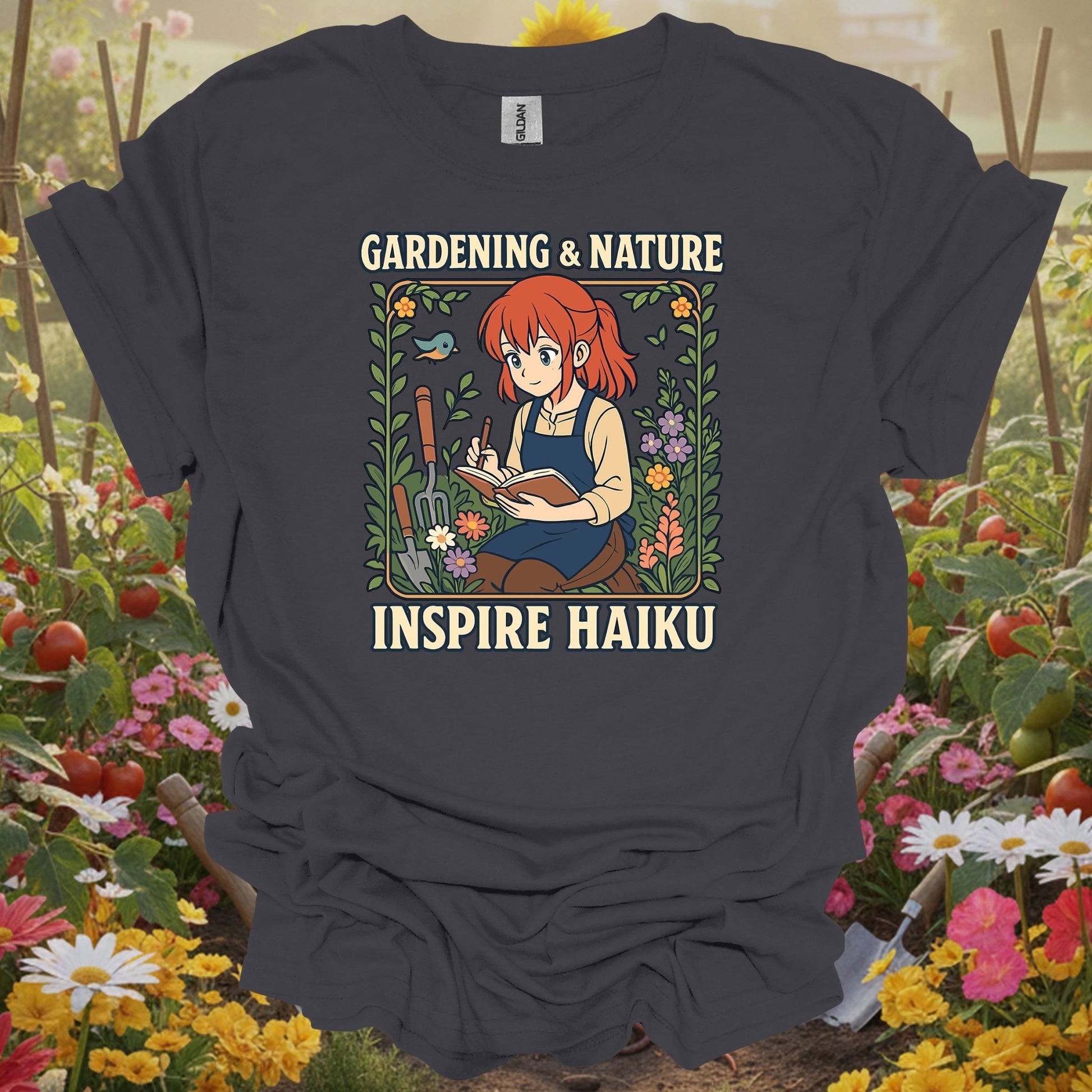 Charcoal tee featuring a garden journaling design that celebrates the whispering haikus found in your backyard sanctuary.