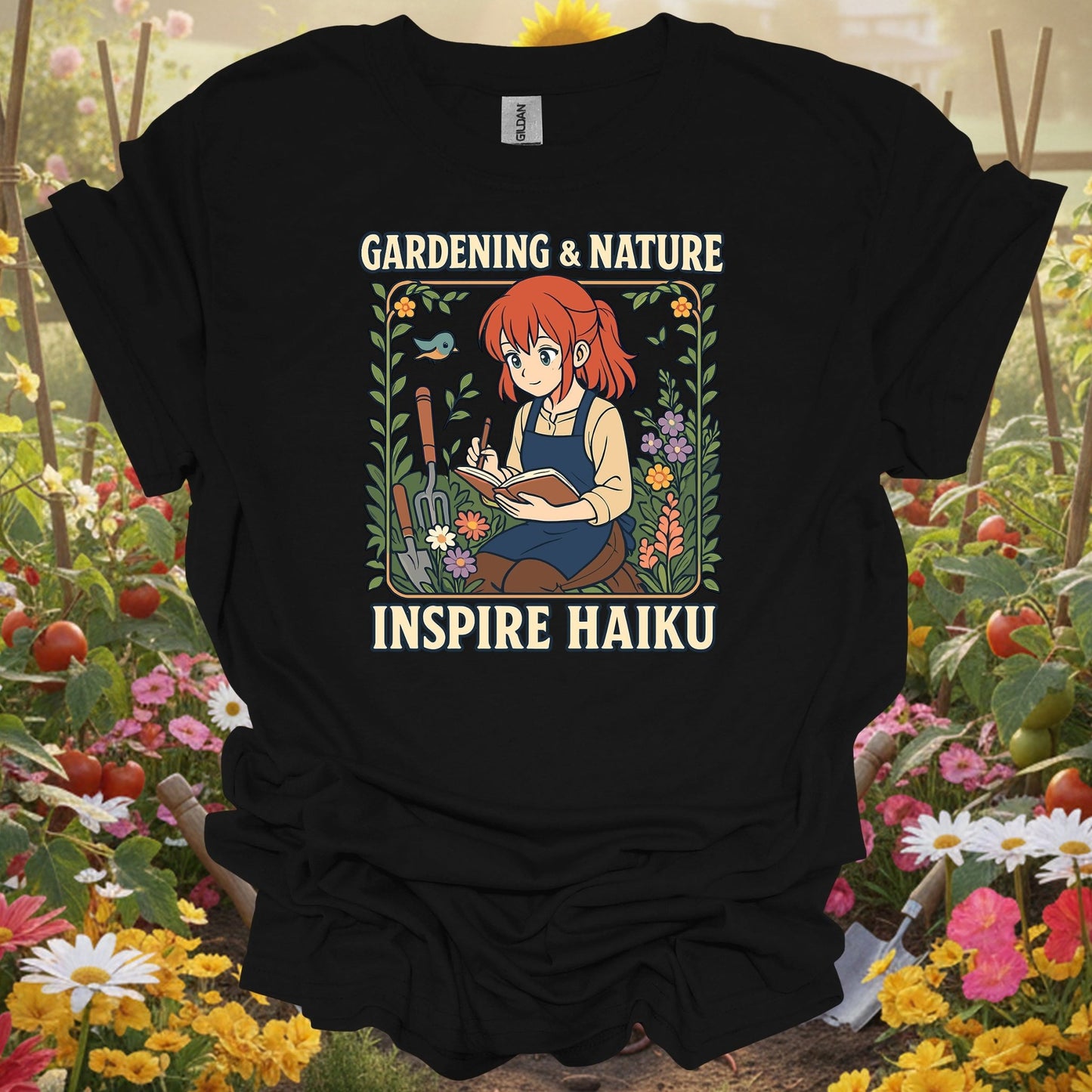 Black t-shirt with a vibrant wildflower garden theme that fits a modern slow-living lifestyle and cottagecore aesthetic.