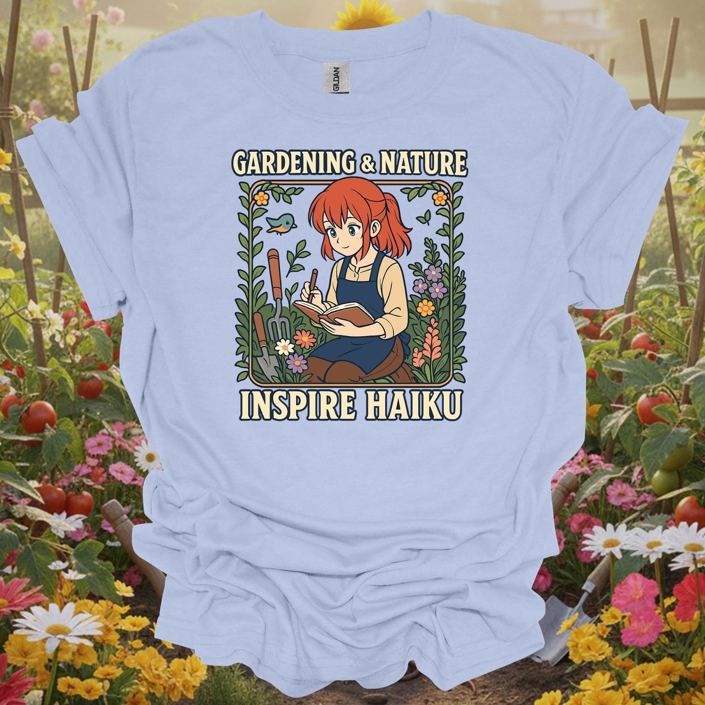 Light Blue shirt with an anime girl gardening theme making a beautiful and mindful gift T-shirt for any plant poet.