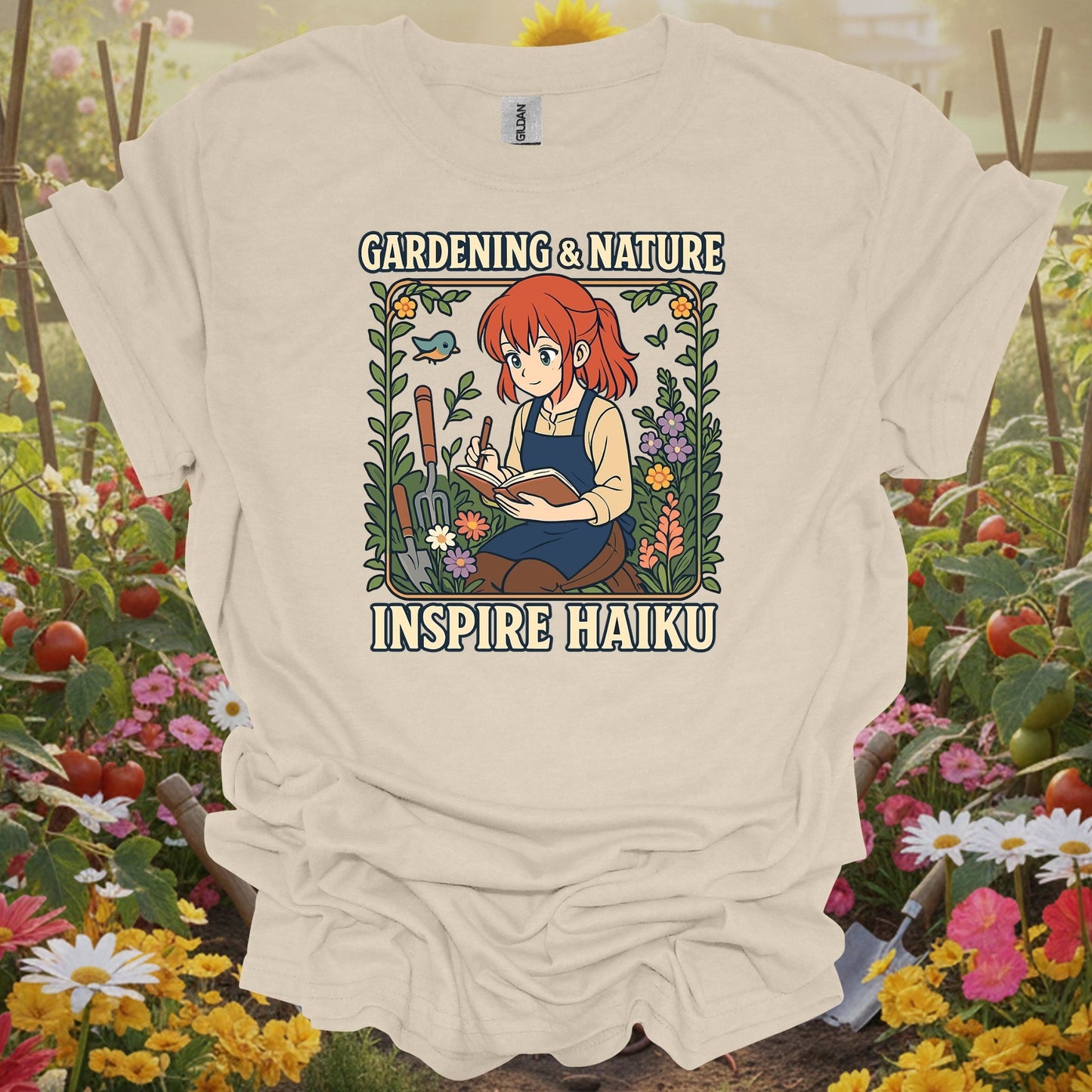 Natural apparel featuring a Gardening & Nature Inspire Haiku theme on a soft shirt that honors the creative side of garden life.