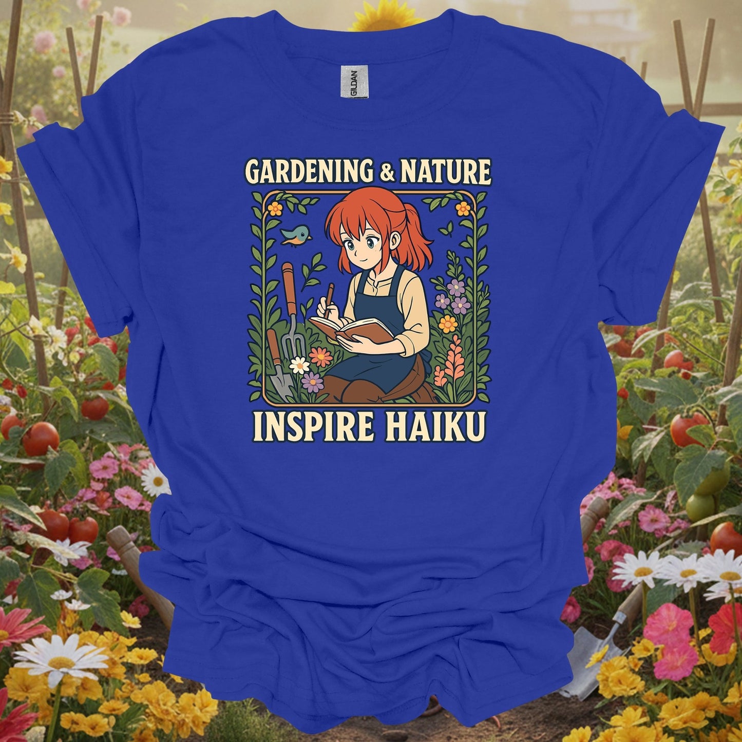Royal apparel displaying a girl and her wildflowers on a casual gardening T-shirt for those who value nature and spirit.