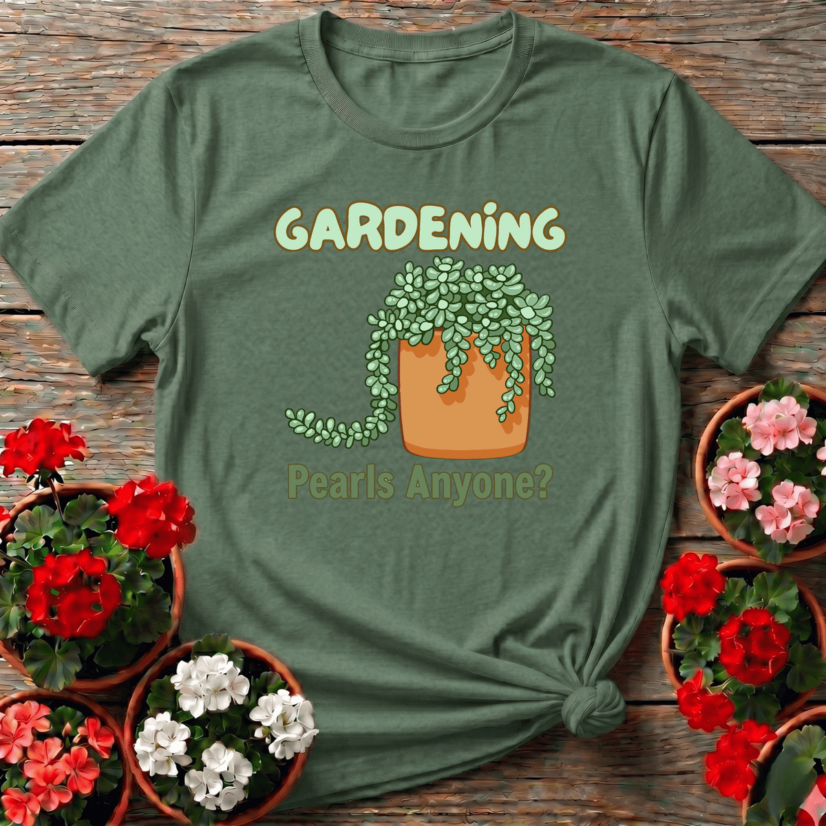 Military Green earthy cottagecore string of pearls shirt with kawaii pot illustration for plant parents