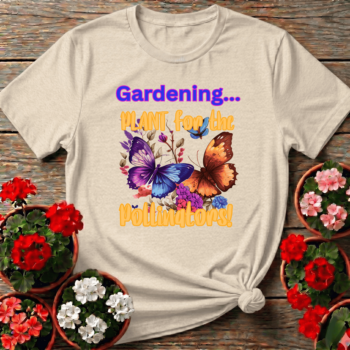 Natural warm botanical butterfly gardening shirt "Plant for the Pollinators" for cottagecore nature fans