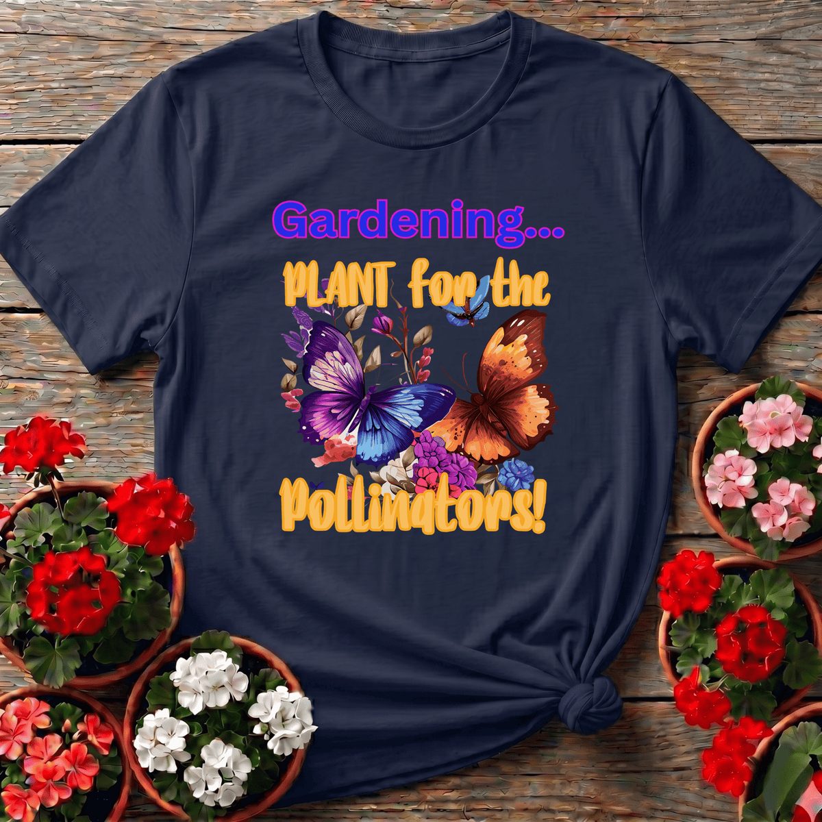 Navy colorful wildflower butterfly gardening tee "Plant for the Pollinators" for plant enthusiasts