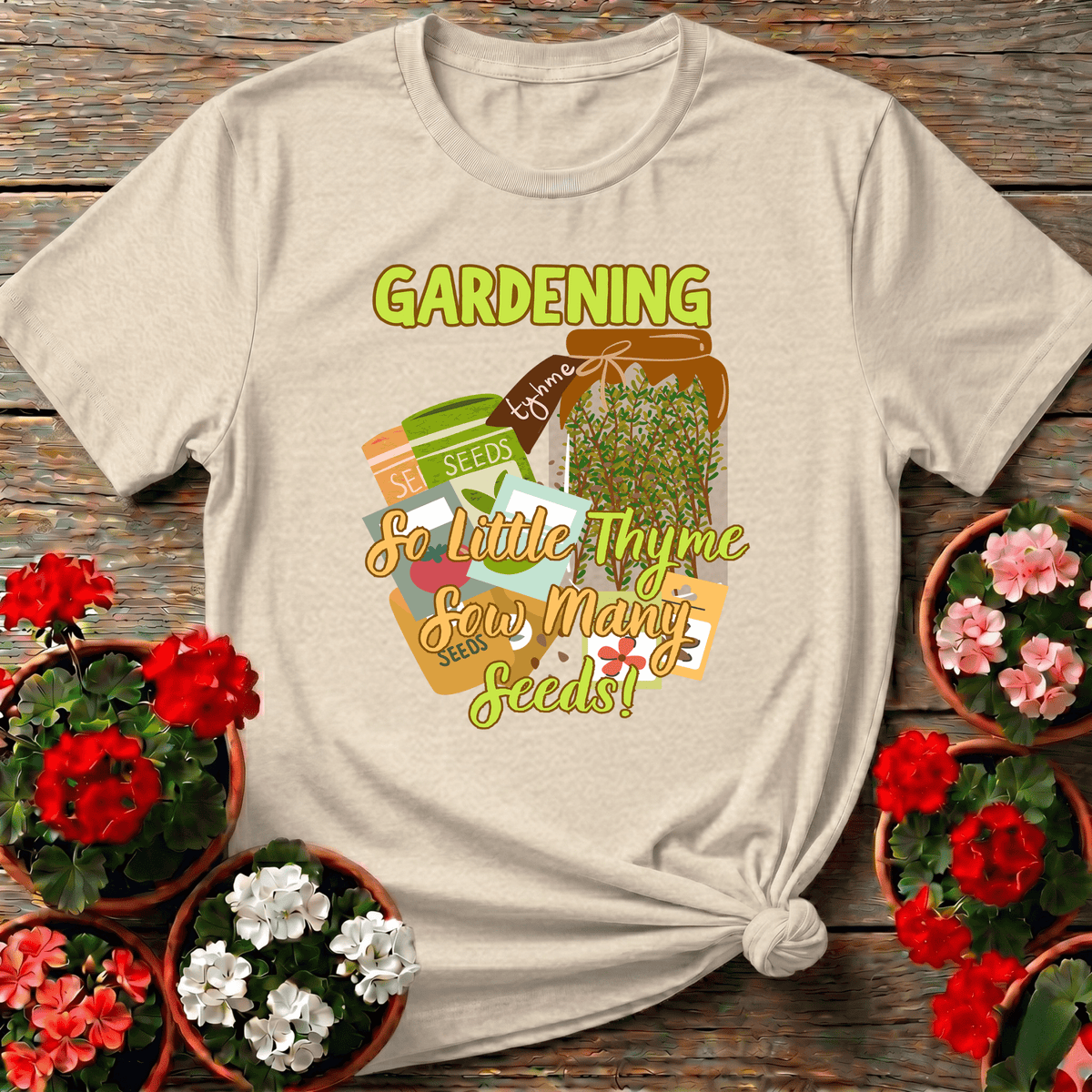 Natural folk art seed packet tee "So Little Thyme Sow Many Seeds" for cottage gardeners
