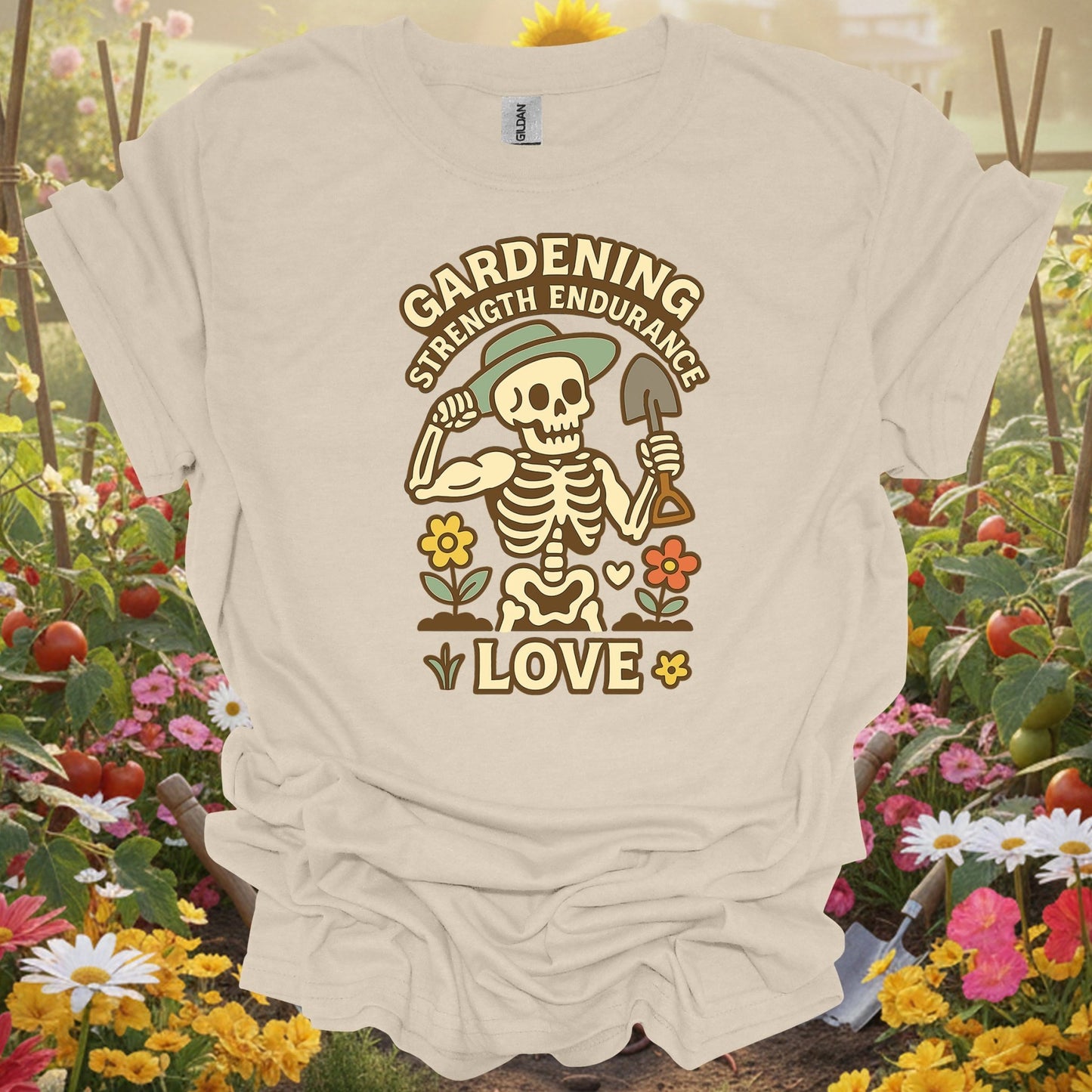 "Gardening Strength Endurance Love" Gardening Skeleton Tee - GardeningTshirts