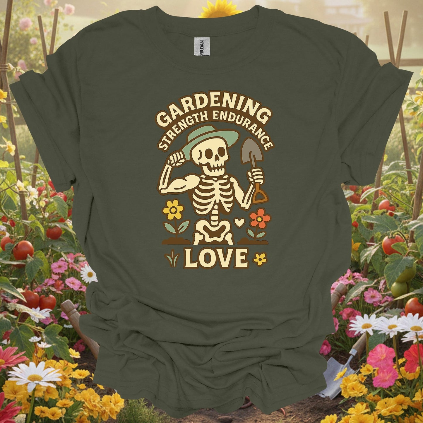 "Gardening Strength Endurance Love" Gardening Skeleton Tee - GardeningTshirts