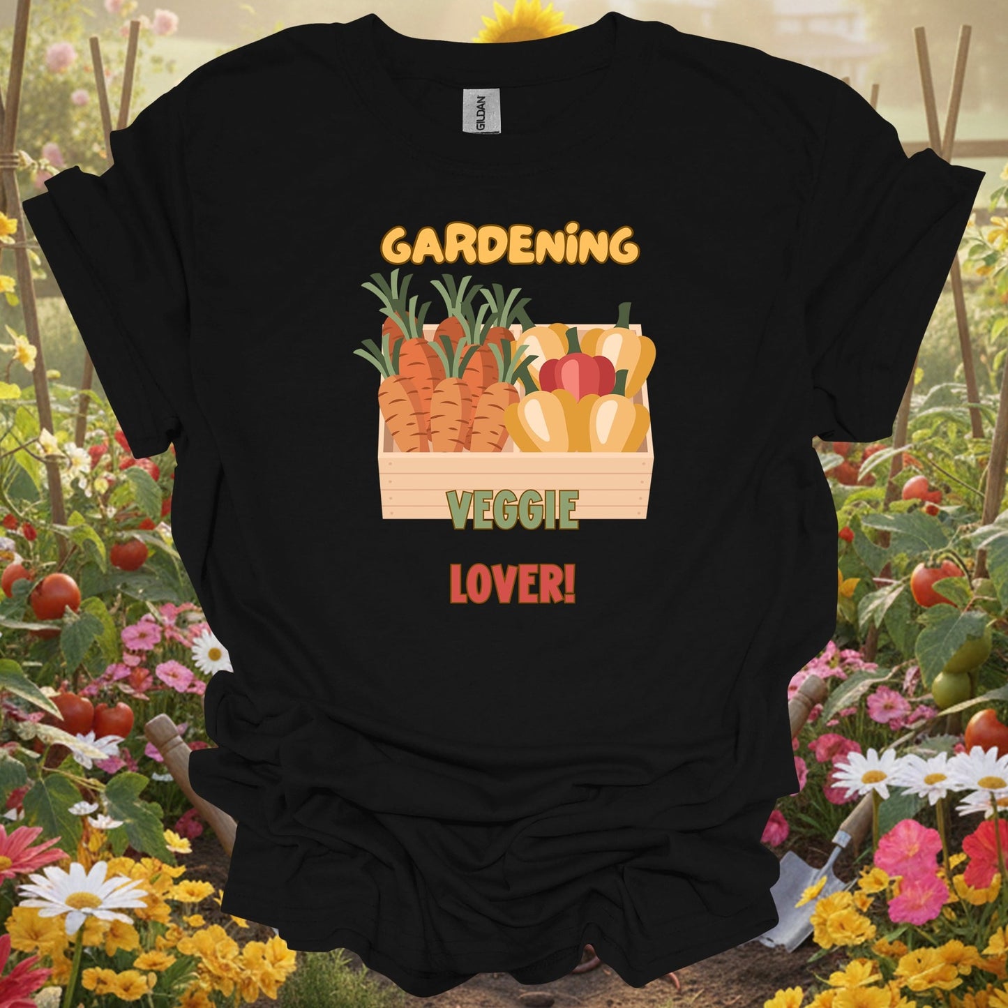 Black shirt showing vibrant fresh vegetable harvest celebration for organic veggie growers