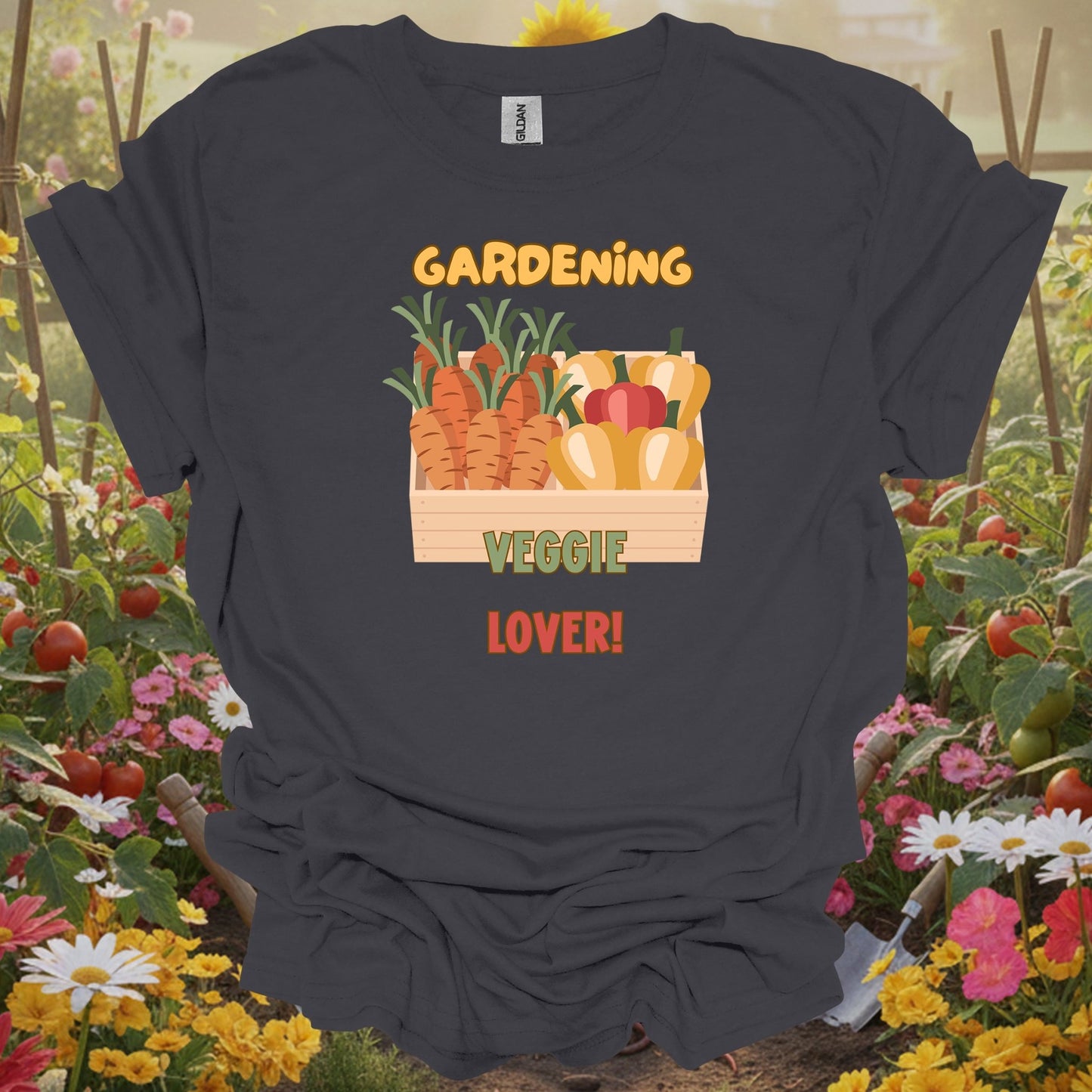 Charcoal tee showing vibrant fresh vegetable harvest celebration for backyard farmers
