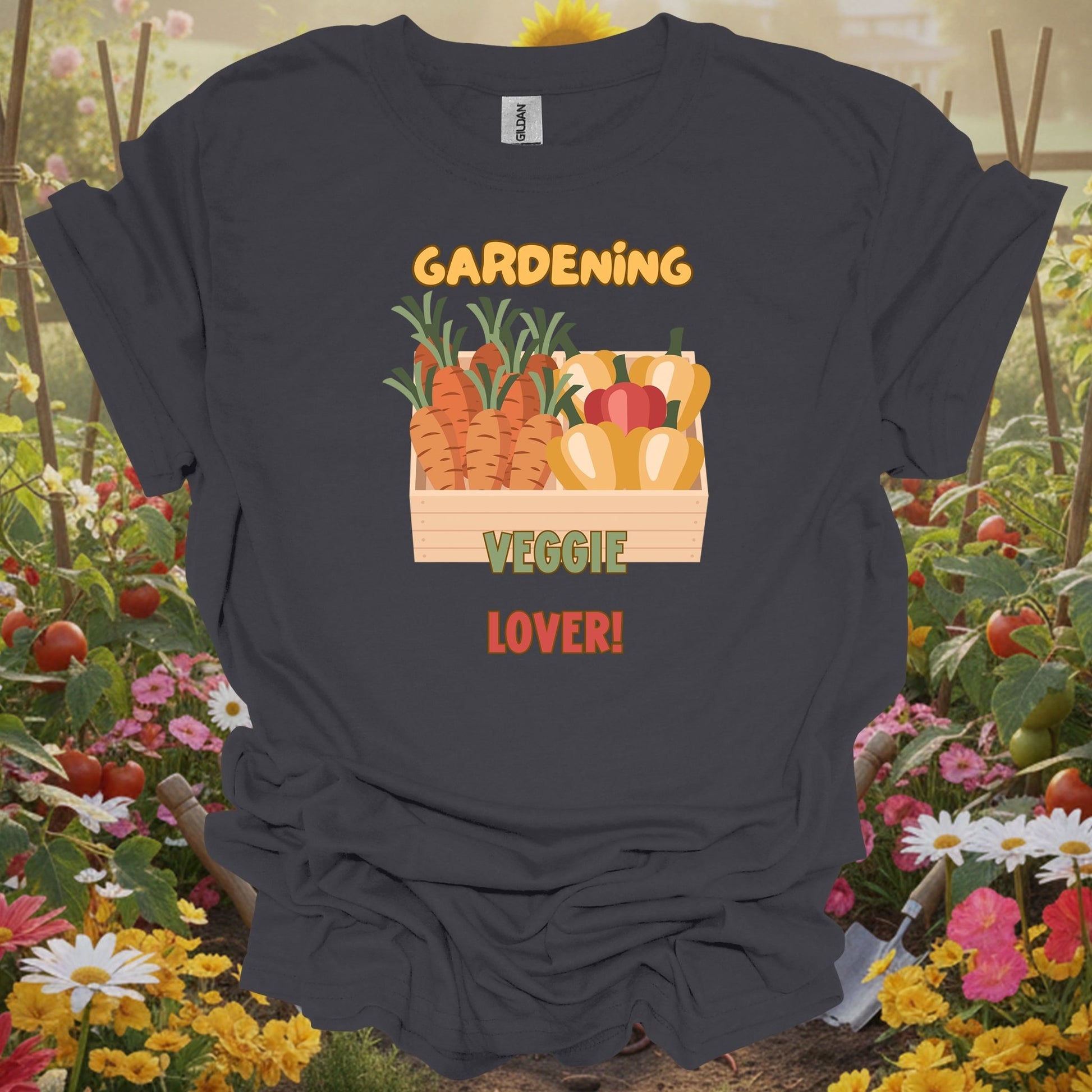 Charcoal tee showing vibrant fresh vegetable harvest celebration for backyard farmers