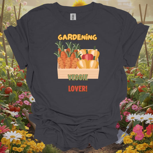 Charcoal tee showing vibrant fresh vegetable harvest celebration for backyard farmers