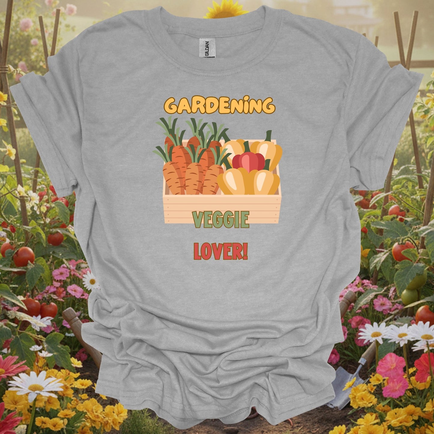 Sport Grey tshirt showing vibrant fresh vegetable harvest celebration for people who grow their own food