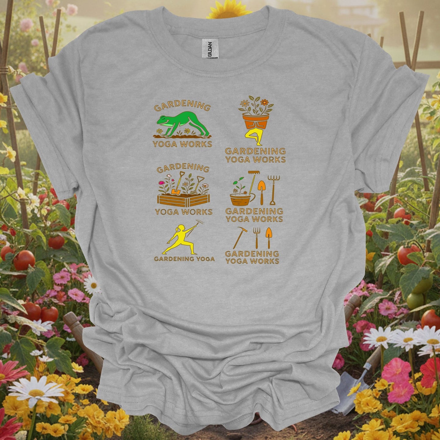 Sport Grey tshirt showing gardening yoga works funny frog pose for gardening enthusiasts