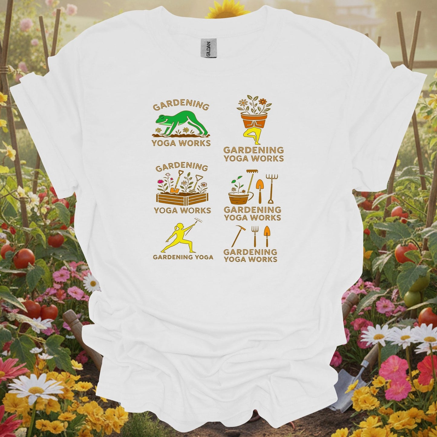 White shirt showing gardening yoga works funny frog pose for home gardeners