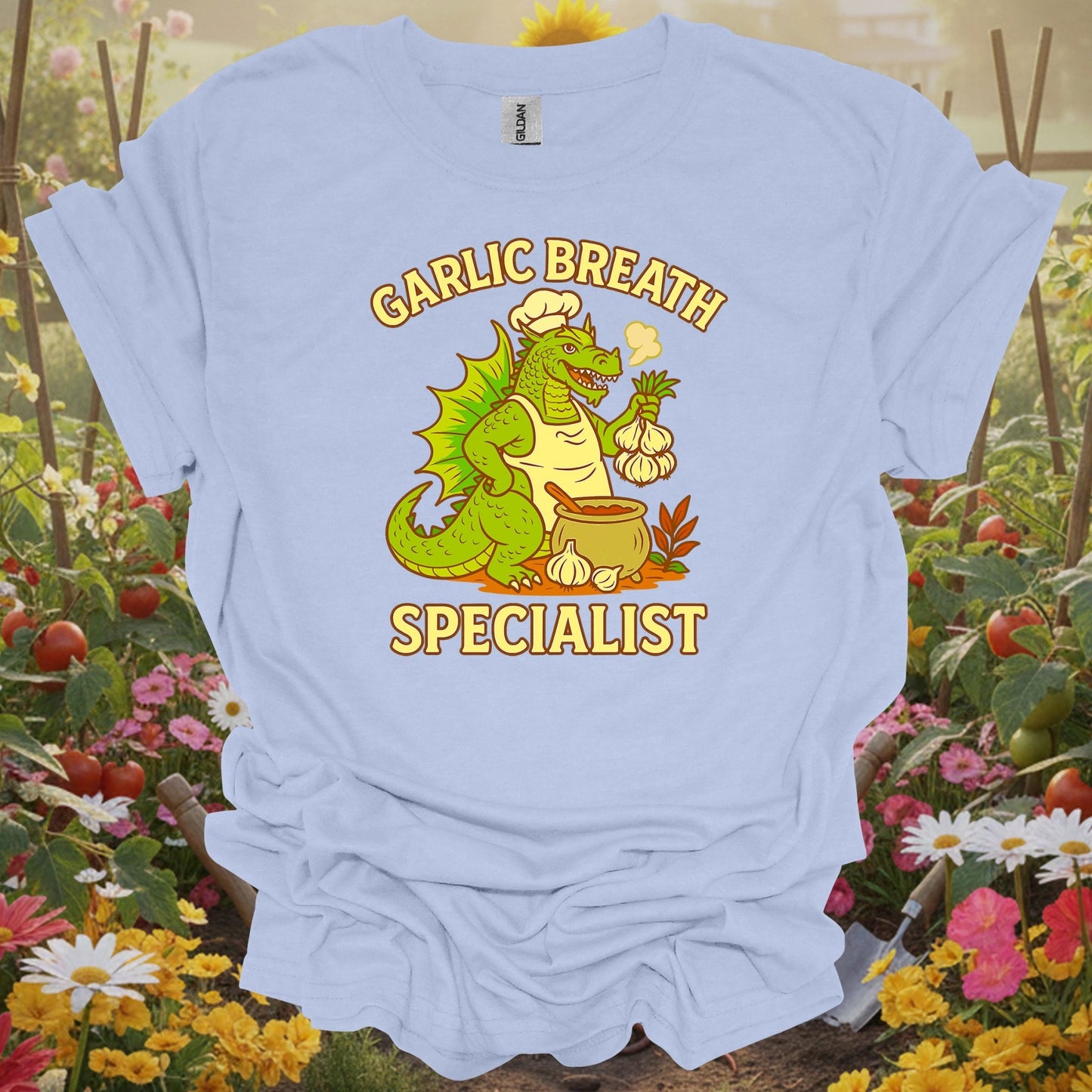 Light Blue shirt showing garlic breath specialist funny dragon chef for home gardeners