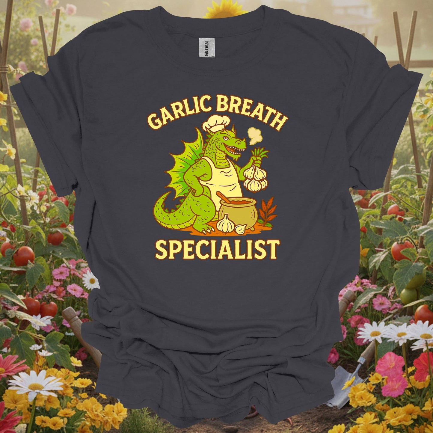 Charcoal tee showing garlic breath specialist funny dragon chef for plant lovers