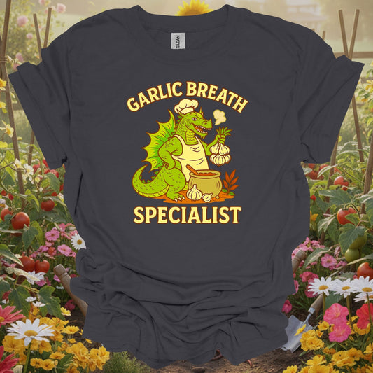 Charcoal tee showing garlic breath specialist funny dragon chef for plant lovers