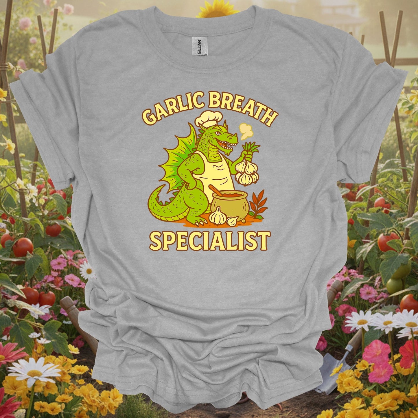 Sport Grey tshirt showing garlic breath specialist funny dragon chef for backyard growers