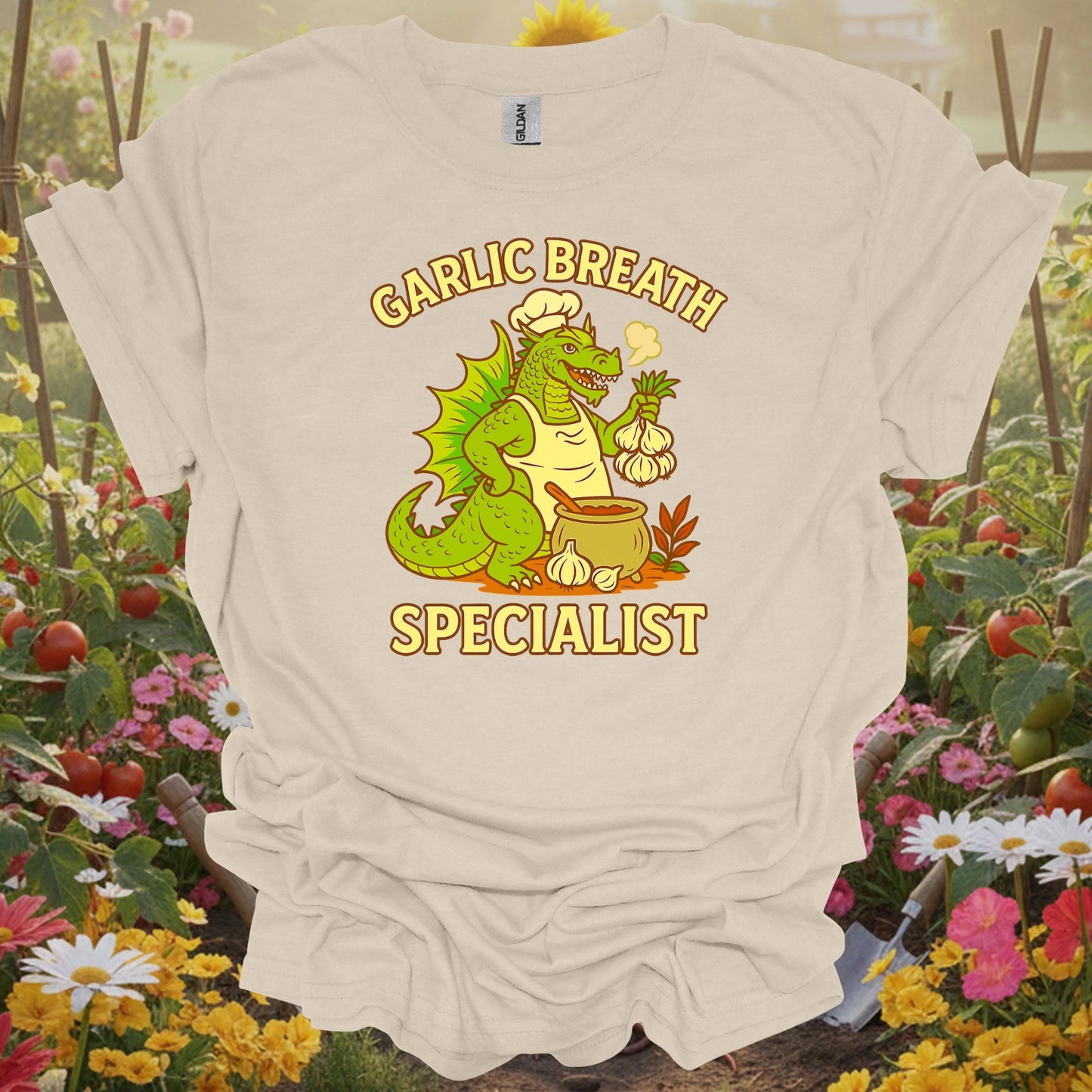 Natural tshirt showing garlic breath specialist funny dragon chef for people who love plants