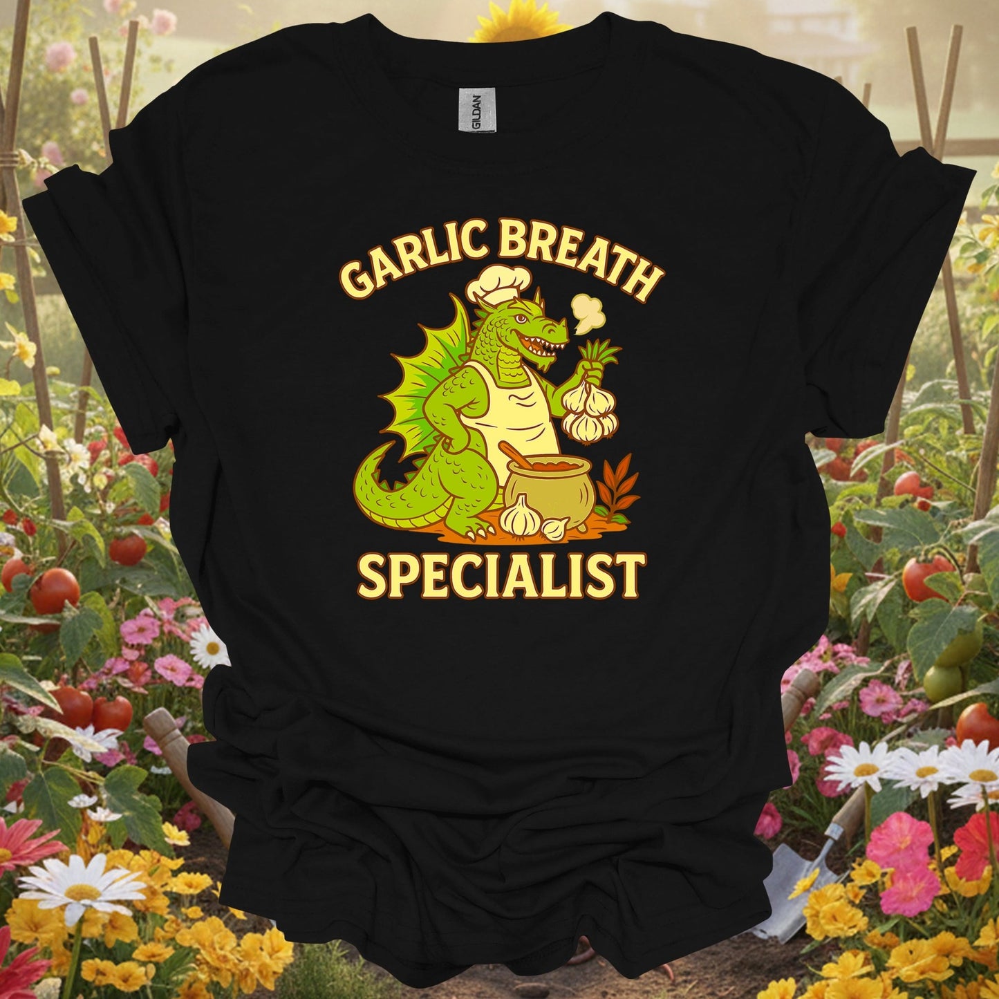 Black shirt showing garlic breath specialist funny dragon chef for outdoor enthusiasts