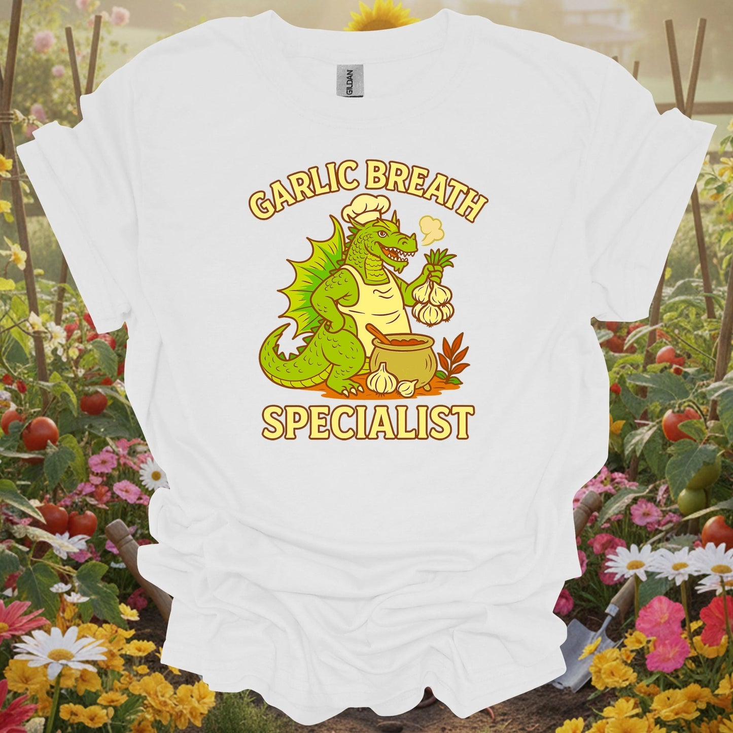 White tee showing garlic breath specialist funny dragon chef for garden hobbyists