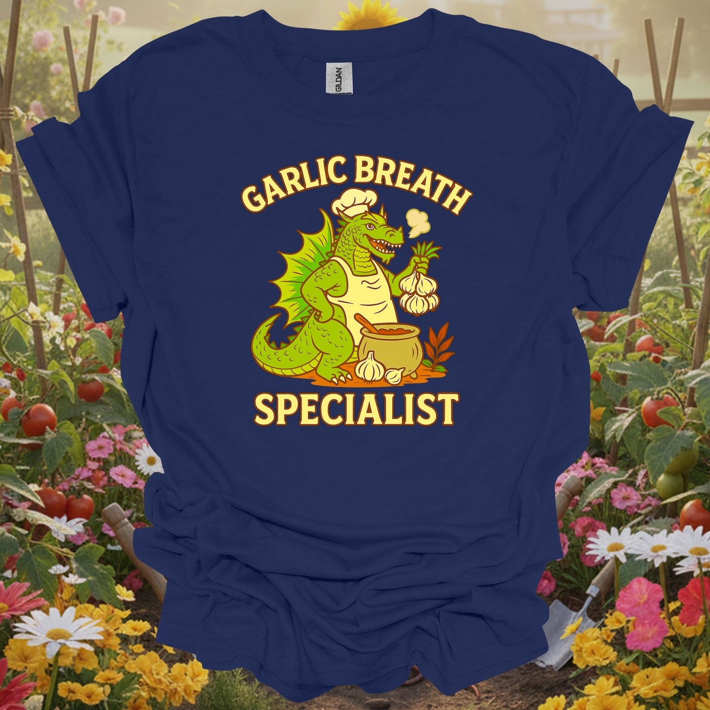 Navy top showing garlic breath specialist funny dragon chef for green thumb folks