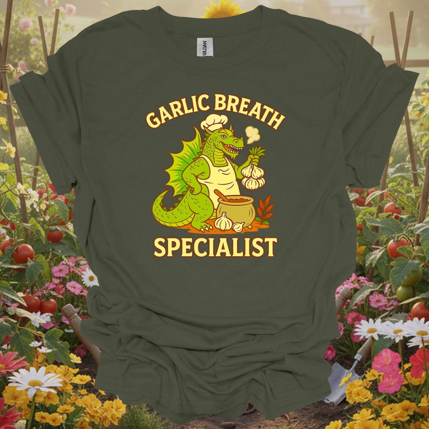 Military Green top showing garlic breath specialist funny dragon chef for nature lovers
