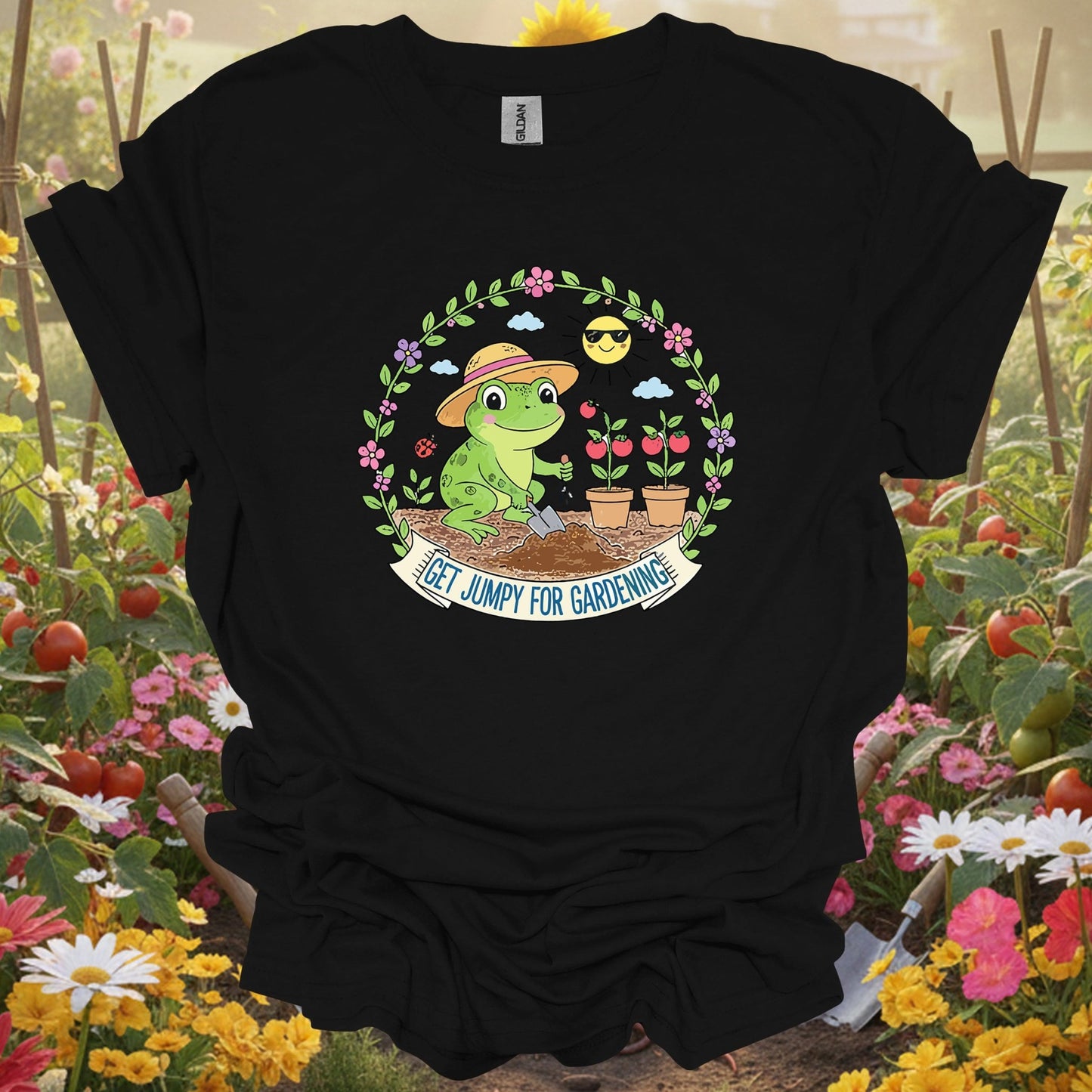 Black shirt showing get jumpy for gardening funny frog tomato for outdoor enthusiasts
