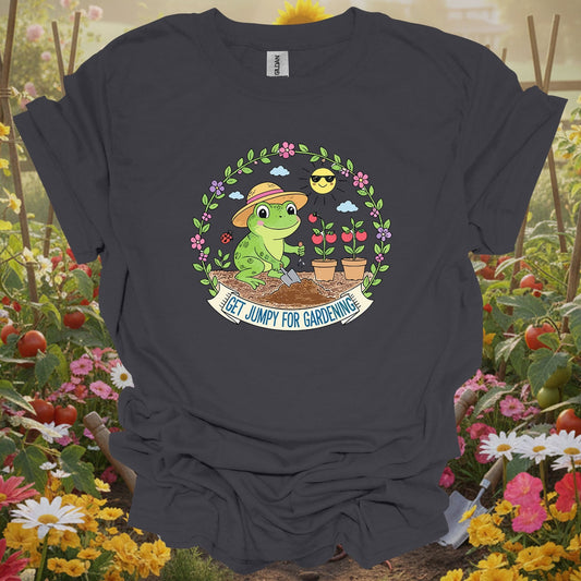 Charcoal tshirt showing get jumpy for gardening funny frog tomato for gardening enthusiasts