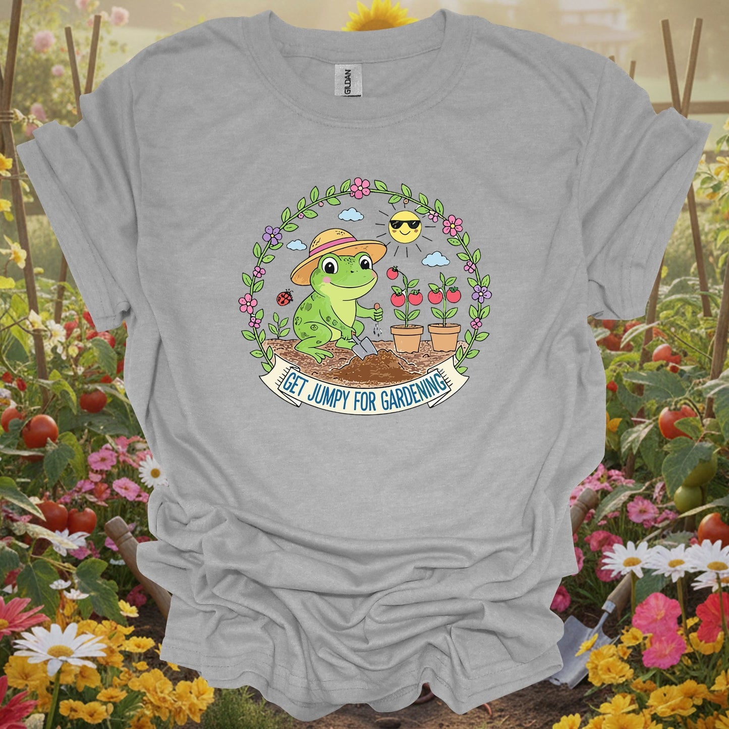 Sport Grey tshirt showing get jumpy for gardening funny frog tomato for backyard growers