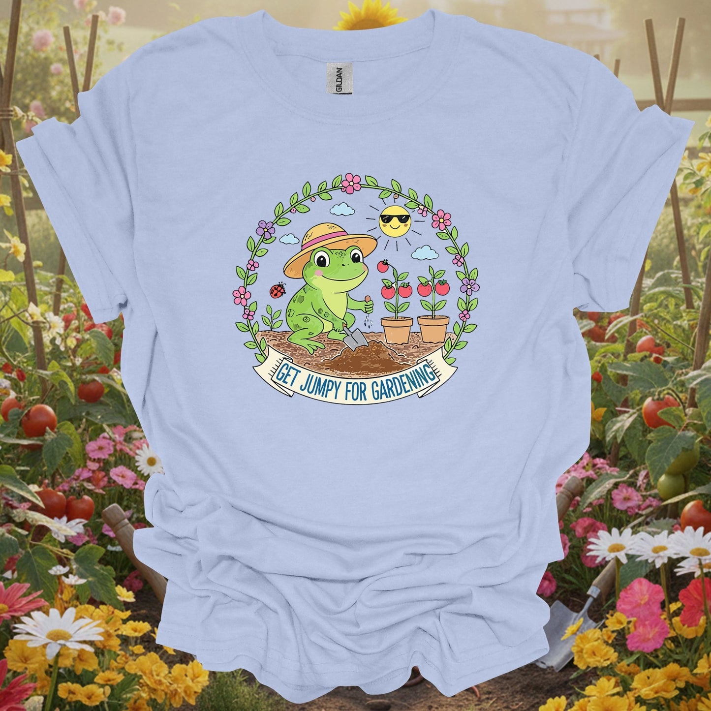 Light Blue tee showing get jumpy for gardening funny frog tomato for plant lovers