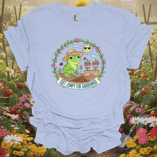 Light Blue tee showing get jumpy for gardening funny frog tomato for plant lovers